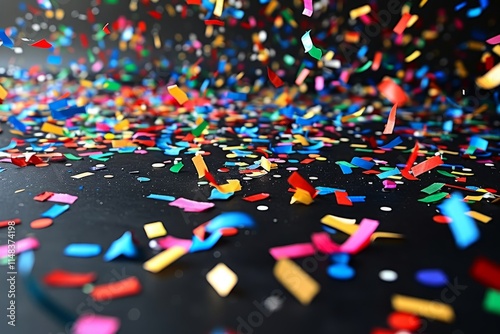 Colorful confetti scattered on a dark background during a festive celebration or party event photo