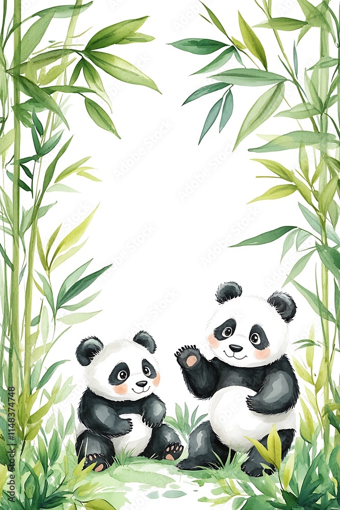 Naklejka premium Charming illustration of playful pandas surrounded by lush bamboo a delightful nature scene perfect for kids' decor and wildlife enthusiasts