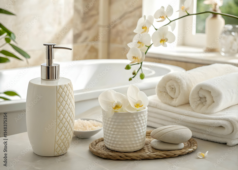 Elegant bathroom decor with white towels and orchid flowers Elegant bathroom decor with white towels and orchid flowers