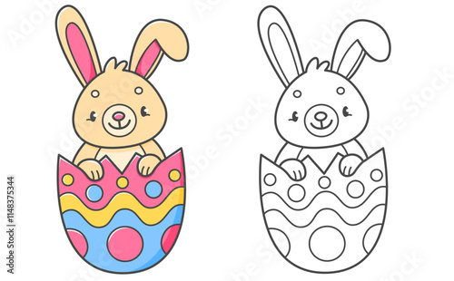 Rabbit in the Easter egg coloring book with coloring example for kids. Coloring page with cute bunny. Black and white and color version. Vector children's illustration.