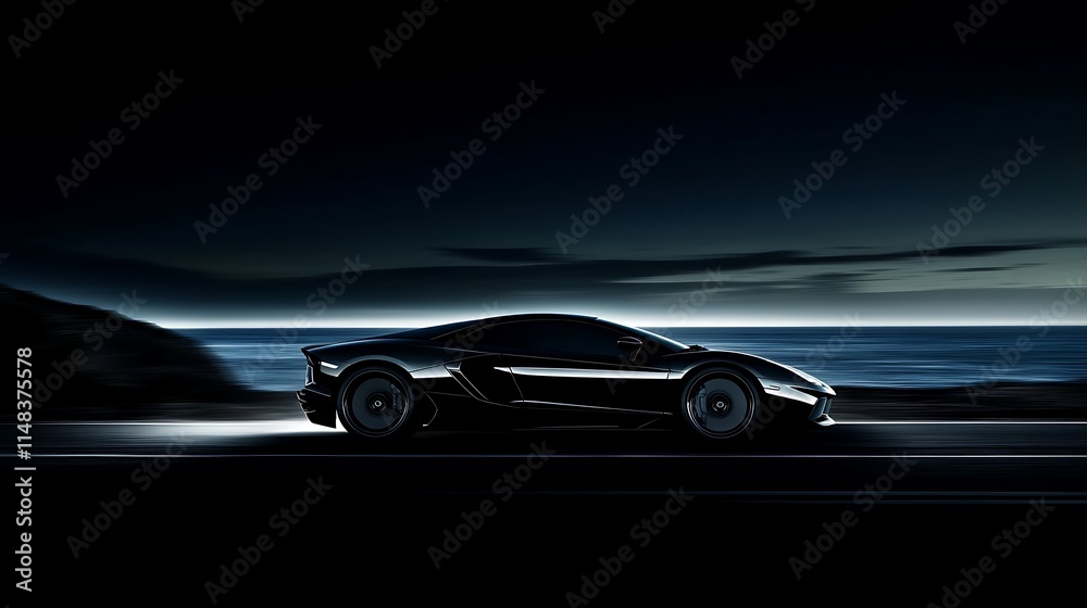 Obraz premium Black car speeds by sea.