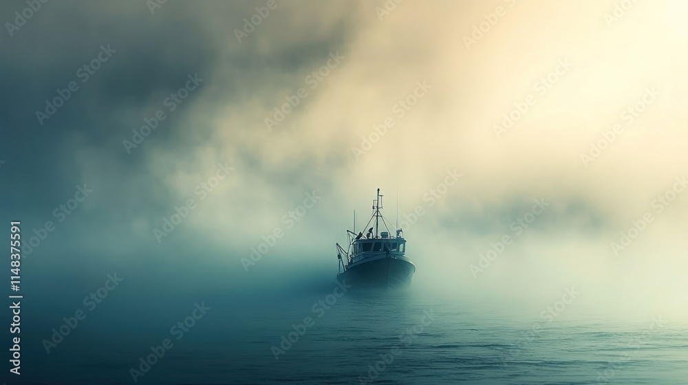 Solitary fishing vessel navigating dense fog at sea. Solitary fishing vessel navigating dense fog at sea.