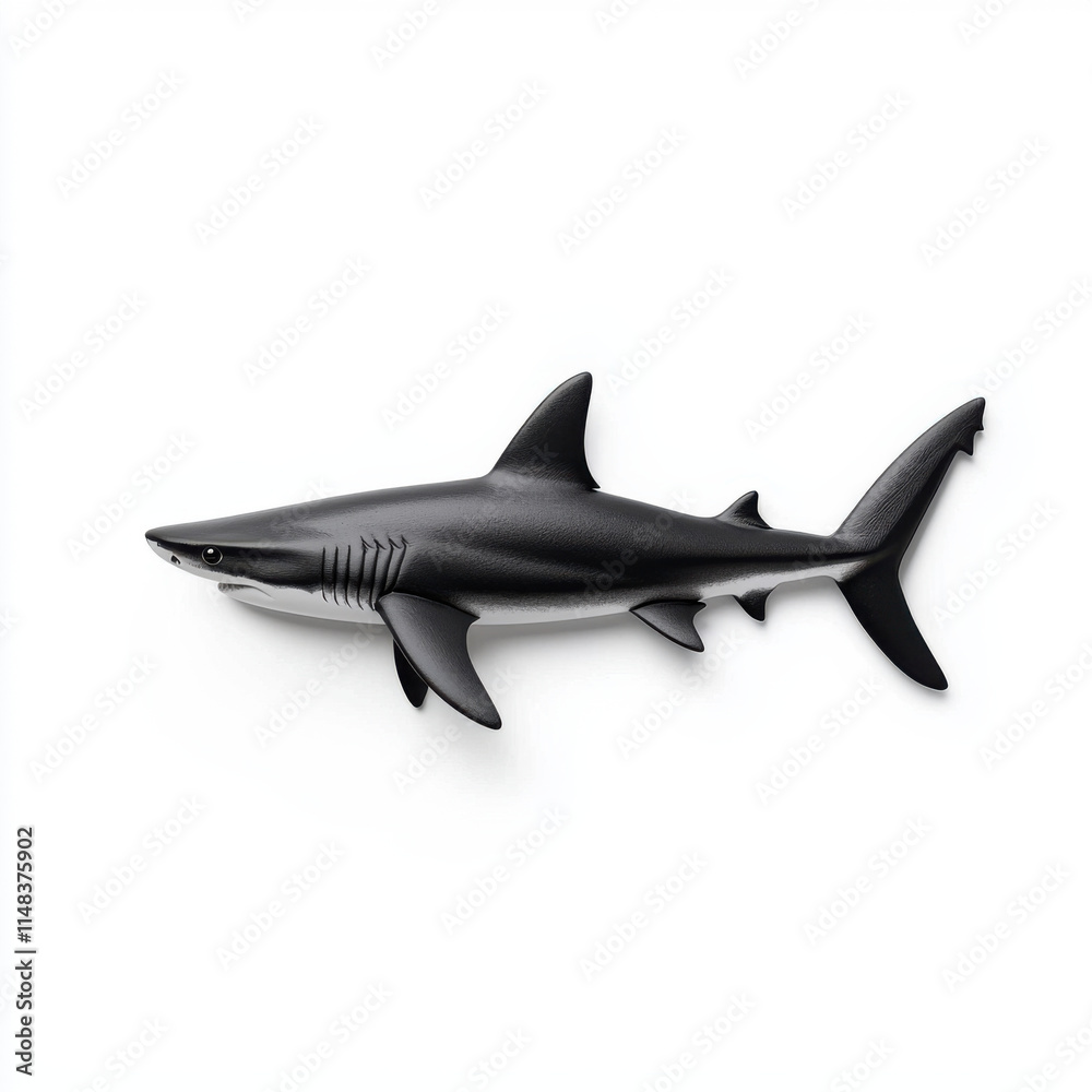 Sleek shark swimming gracefully on white background, showcasing its form Sleek shark swimming gracefully on white background, showcasing its form