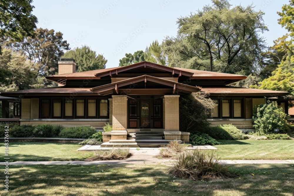 Historic prairie school home with unique architectural design in residential neighborhood Historic prairie school home with unique architectural design in residential neighborhood
