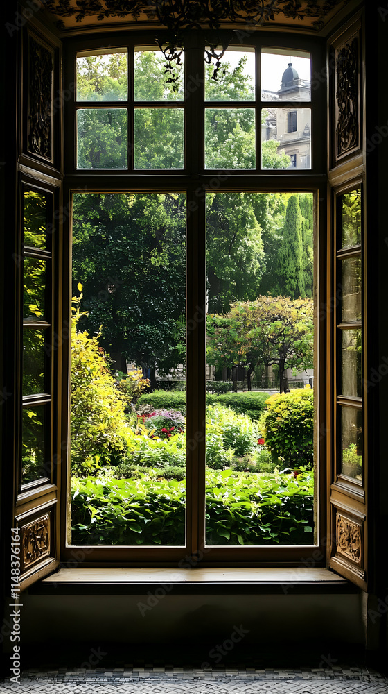 Fototapeta premium A view through an ornate window showcasing a lush garden filled with greenery and flowers.