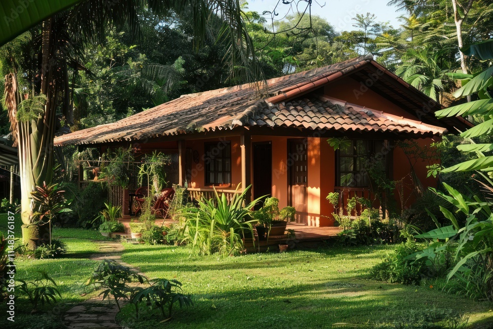 Tropical bungalow surrounded by lush greenery in tranquil paradise Tropical bungalow surrounded by lush greenery in tranquil paradise