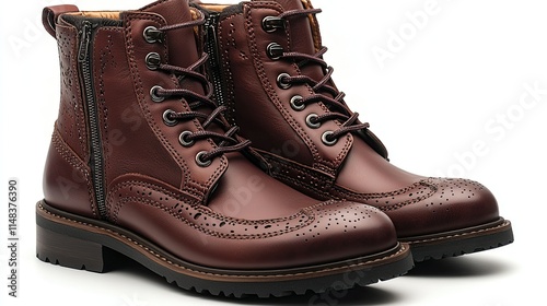 A pair of stylish brown leather boots with brogue detailing and side zippers. photo