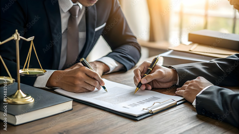 Close-up of professionals reviewing and signing a legal contract in a warm, professional setting Close-up of professionals reviewing and signing a legal contract in a warm, professional setting