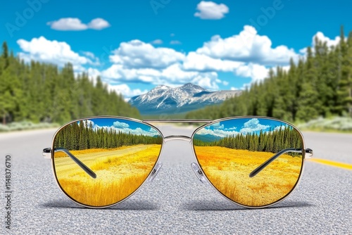 A pair of polarizing sunglasses sitting on the dashboard of a car, reflecting a scenic mountain view