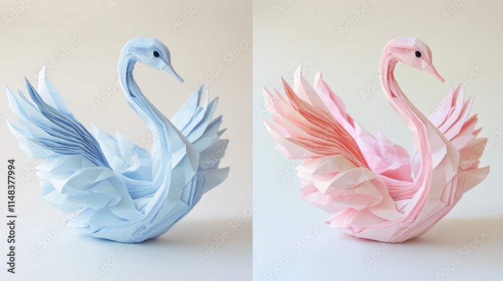 Obraz premium Two origami swans, light blue and pink, elegant paper art.
