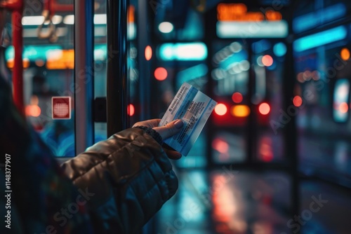 Passenger showing bus ticket while entering public transport at night photo