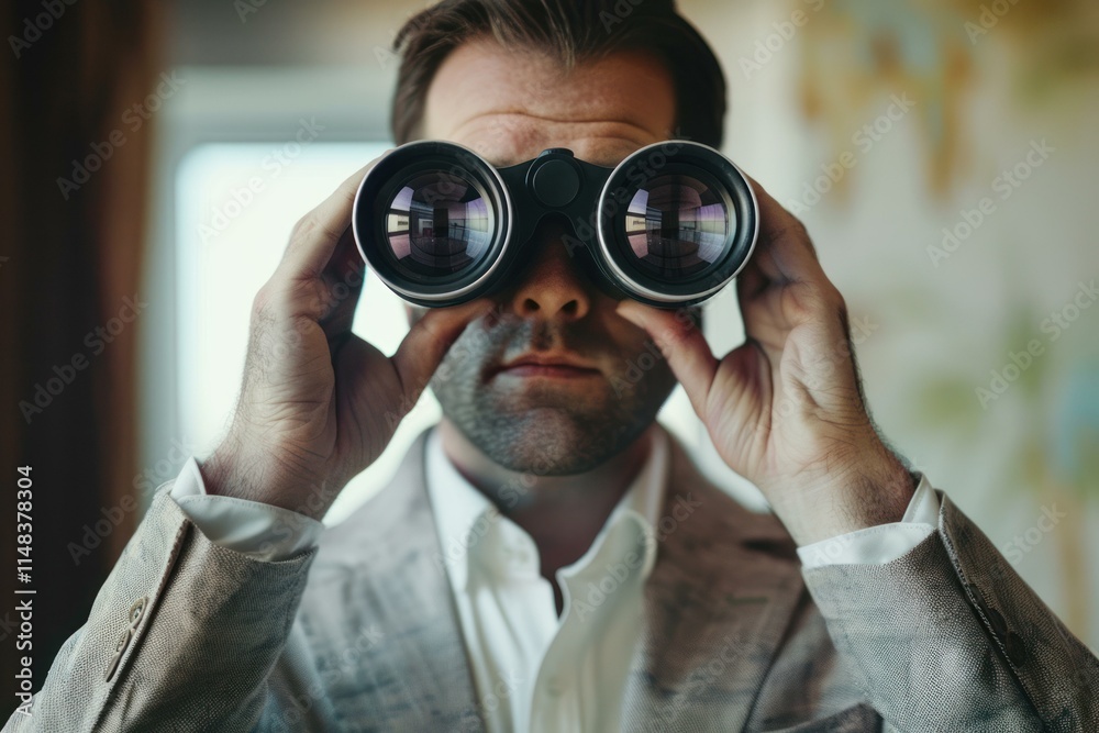 Businessman looking through binoculars in office, Businessman looking through binoculars in office,