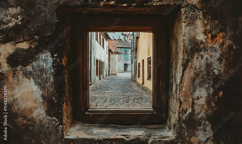 A view through a rustic window framing a cobblestone street in a quaint town. A view through a rustic window framing a cobblestone street in a quaint town.