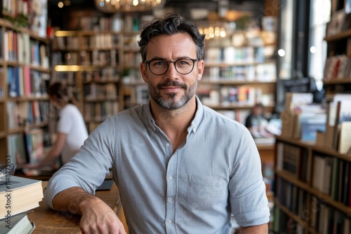 A well-dressed man with glasses sits in a bookstore, creating an atmosphere of warmth and intellectual curiosity, perfect for book lovers or coffee enthusiasts.