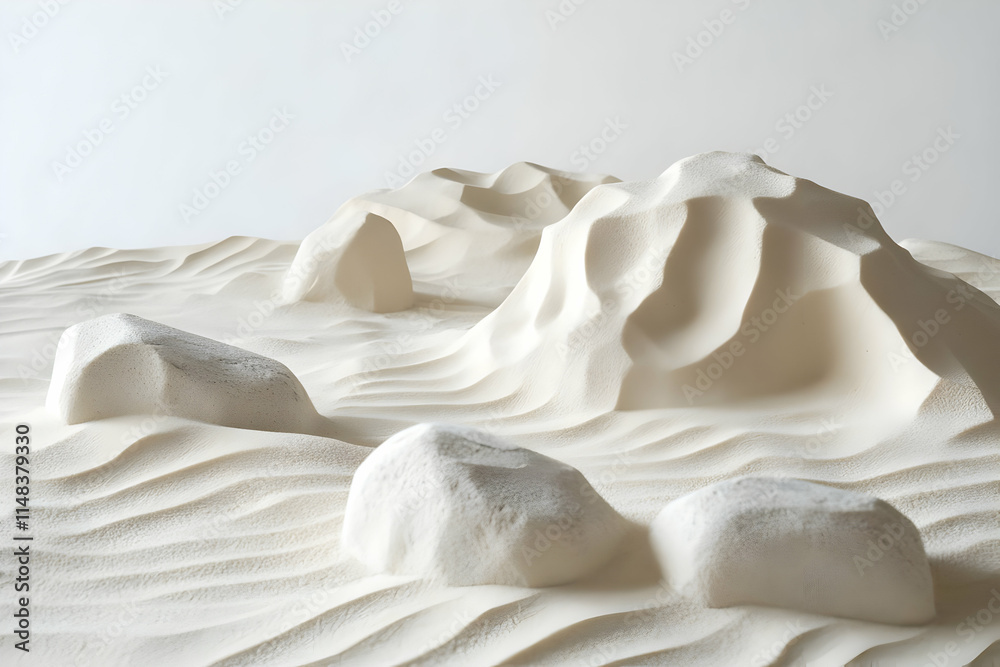 A sculptural representation of a sandy landscape with abstract hills and rocks. A sculptural representation of a sandy landscape with abstract hills and rocks.