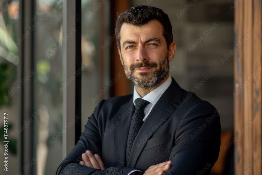 Fototapeta premium Confident businessman crossing arms in modern office setting