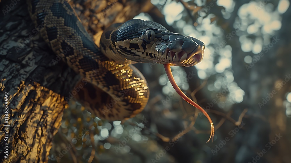 A python coiled around a tree branch with its tongue flicking the air,