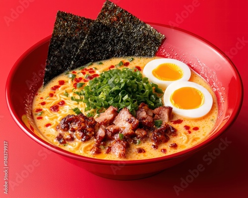 Delicious ramen bowl japan food photography vibrant red background close-up culinary delight