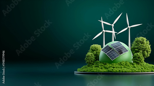 A vibrant, green landscape featuring wind turbines and solar panels on a hill, symbolizing sustainable energy and environmental awareness.
