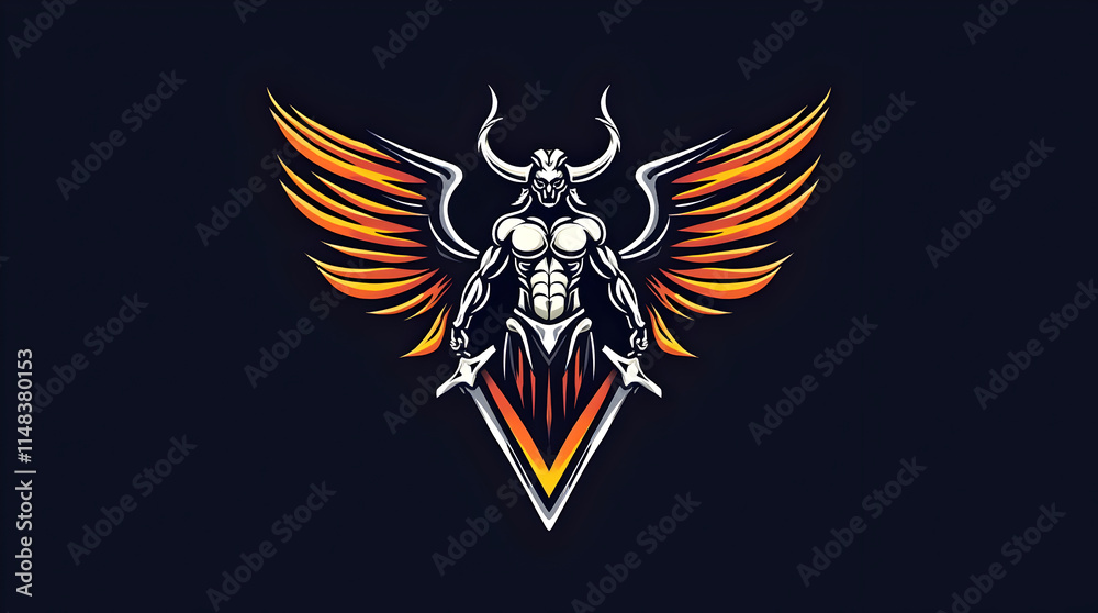 A Fiery Warrior with Majestic Wings and an Imposing Stance Symbolizing Strength and Power A Fiery Warrior with Majestic Wings and an Imposing Stance Symbolizing Strength and Power