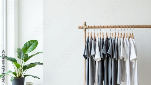 Modern Locker Room with Wooden Hangers Displaying Gray and White T-shirts, Set Against a Clean White Wall with a Potted Plant