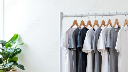 Modern Locker Room with Wooden Hangers Displaying Gray and White T-shirts, Set Against a Clean White Wall with a Potted Plant