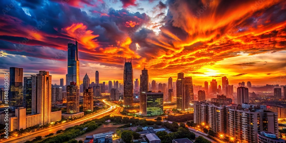 Obraz premium Sunset Cityscape: Golden Hour Urban Panorama, Dramatic City Skyline, Fiery Sky, Urban Twilight, City at Dusk