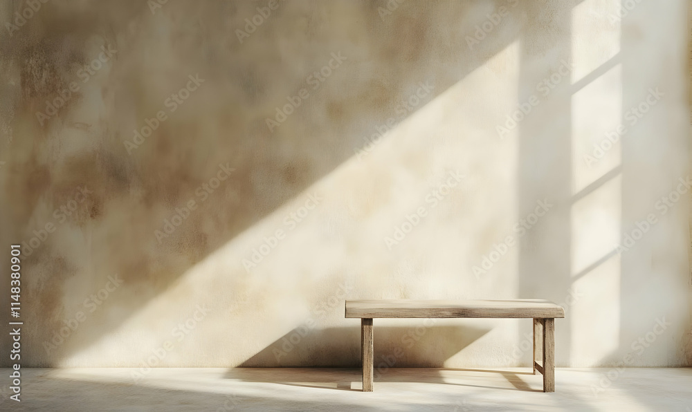 Fototapeta premium A minimalist room with a wooden bench and soft light streaming through a window.