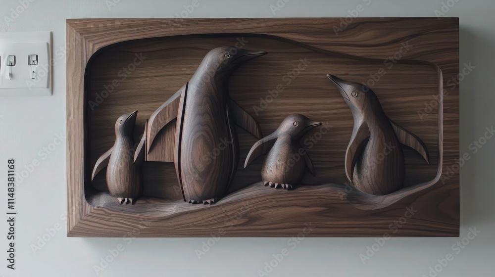 Φωτογραφία A crafted wooden relief carving showcases a charming penguin family, including two adults and two chicks, suitable for home decor and educational