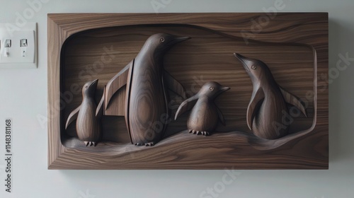 A family of penguins carved into deep walnut wood, placed above a switchboard, with the smallest penguin mid-slide. 