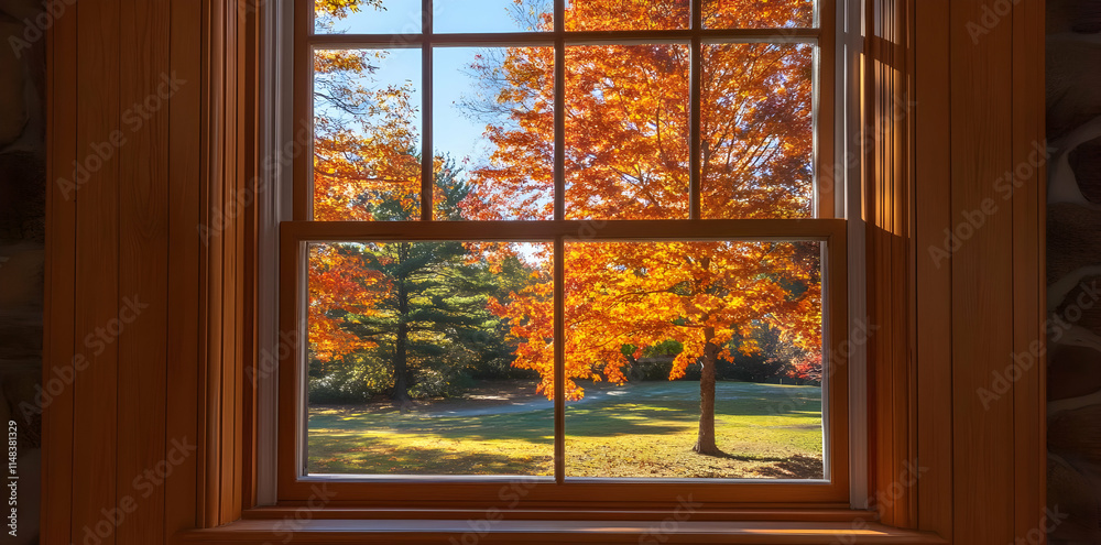 A picturesque view of vibrant autumn foliage through a window. A picturesque view of vibrant autumn foliage through a window.