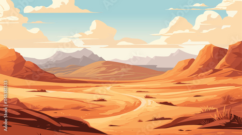 Landscape with sand desert under blue sky, vector illustration panorama background