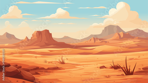 Landscape with sand desert under blue sky, vector illustration panorama background