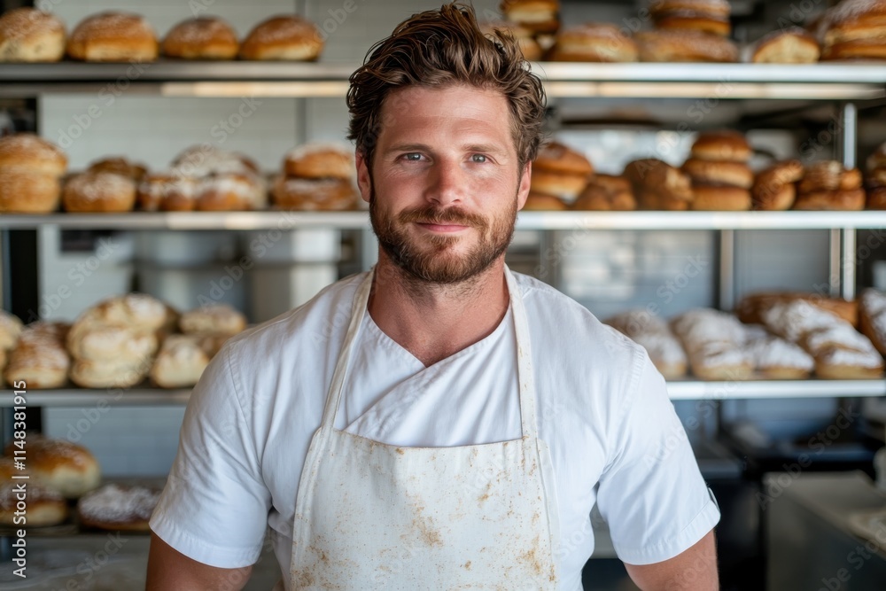 A charismatic male baker displays his charm while standing amidst a variety of breads in a bright and inviting bakery, highlighting his joy and passion for baking. A charismatic male baker displays his charm while standing amidst a variety of breads in a bright and inviting bakery, highlighting his joy and passion for baking.