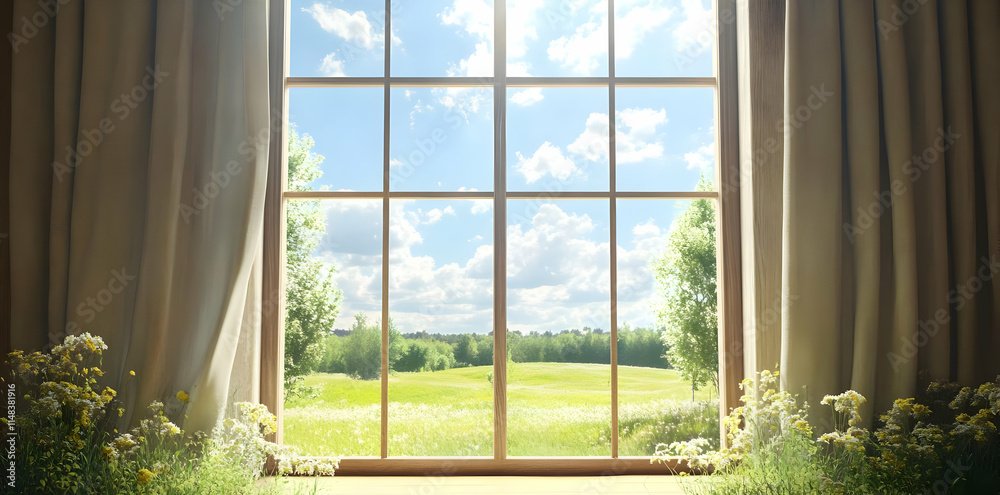 A serene view from a window showcasing a bright landscape with flowers and green fields.