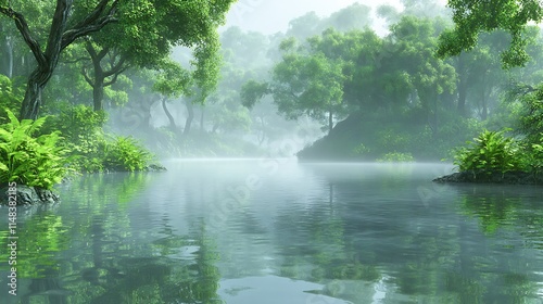 Foggy jungle river scene.