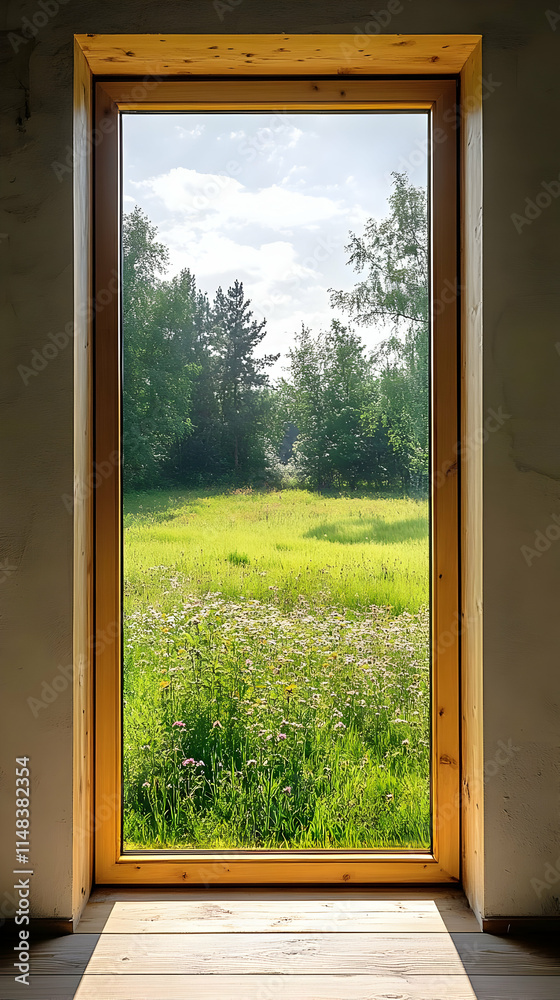 Fototapeta premium A wooden-framed window reveals a serene green landscape with trees and wildflowers.