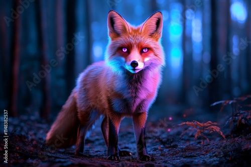 A futuristic fox with glowing neon fur, standing in a cyberpunk forest illuminated by blue and purple lights photo