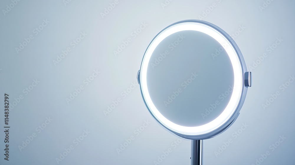 Fototapeta premium Illuminated round mirror on stand against light blue background.