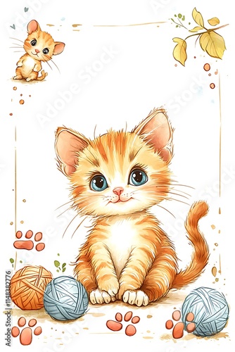 Adorable playful kittens surrounded by colorful yarn balls in a whimsical illustration perfect for cat lovers and art enthusiasts photo