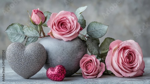 Beautiful pink roses arranged with stone hearts and a gray vase against a textured concrete background.