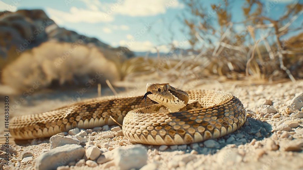 A rattlesnake coiled and ready to strike in a desert setting, A rattlesnake coiled and ready to strike in a desert setting,