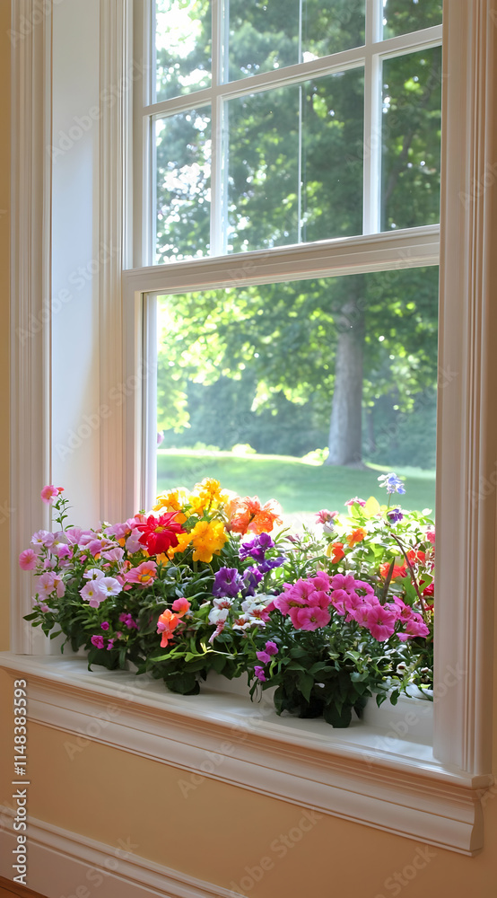 Fototapeta premium A bright window filled with colorful flowers, enhancing the indoor environment.