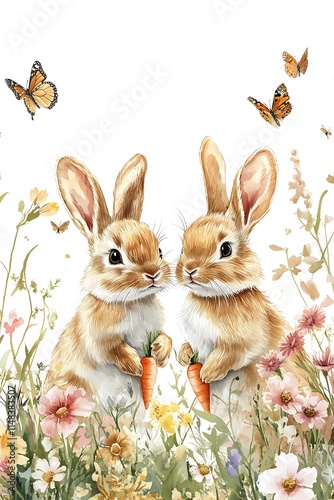 Charming bunnies in a vibrant floral meadow surrounded by butterflies holding carrots celebrating nature's beauty