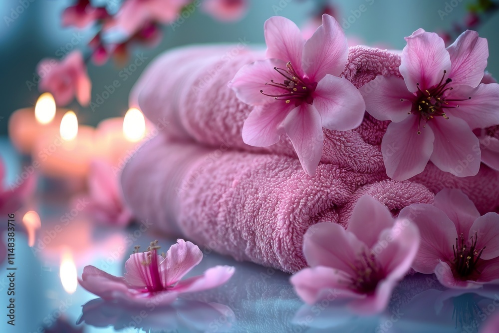 Soft pink towels surrounded by cherry blossoms and candles create a serene spa atmosphere for relaxation and self-care Soft pink towels surrounded by cherry blossoms and candles create a serene spa atmosphere for relaxation and self-care