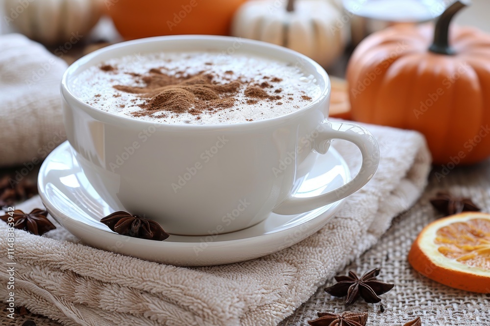 Warm pumpkin spice latte served in a white cup with cozy autumn decorations and spices on a textured table Warm pumpkin spice latte served in a white cup with cozy autumn decorations and spices on a textured table