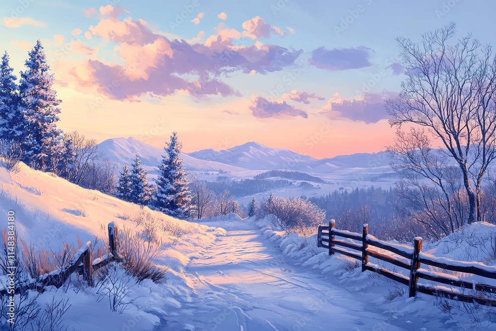  Serene Winter Landscape with Snow-Covered Trees and Mountains