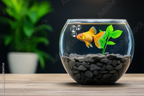 A goldfish blowing bubbles that form the shape of a heart, looking smug in its bowl