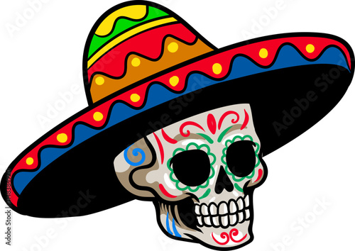 Day of the Dead Mexican Skull Head wear Sombrero Hat Cartoon Character Illustration
