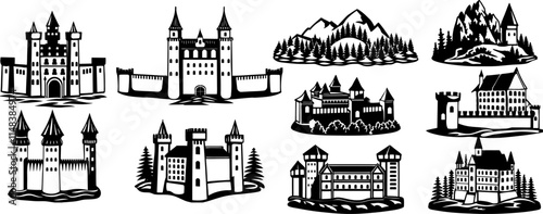 Medieval castle with tower, lattice and battlements. Creative Logo Design Template. Medieval castle flat icon design, old palace building vector illustration, fairy tale fantasy castle fortress
